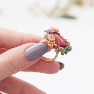 NEW Les Néréides Multi-flowers and Red Cabochon Ring